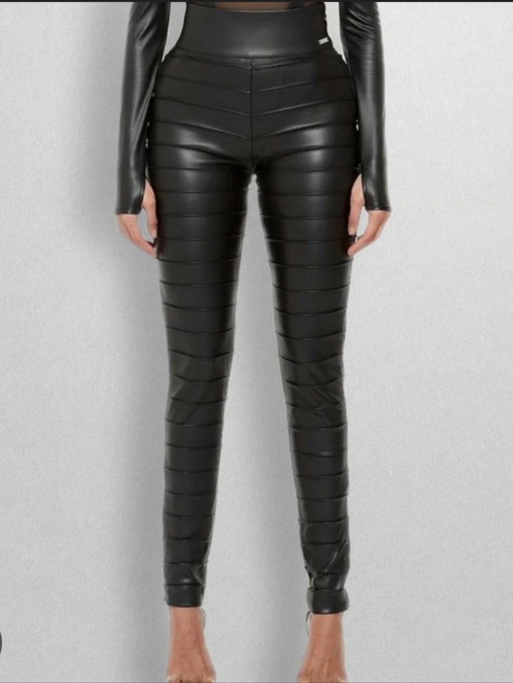 Maniere De Voir High Waist Seam Stripe Black Faux Leather Skinny Pants - 24"